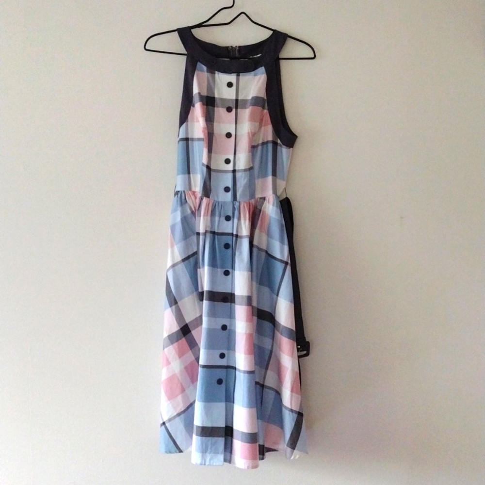 Unique Vintage 50s swing dress pink blue plaid gingham medium